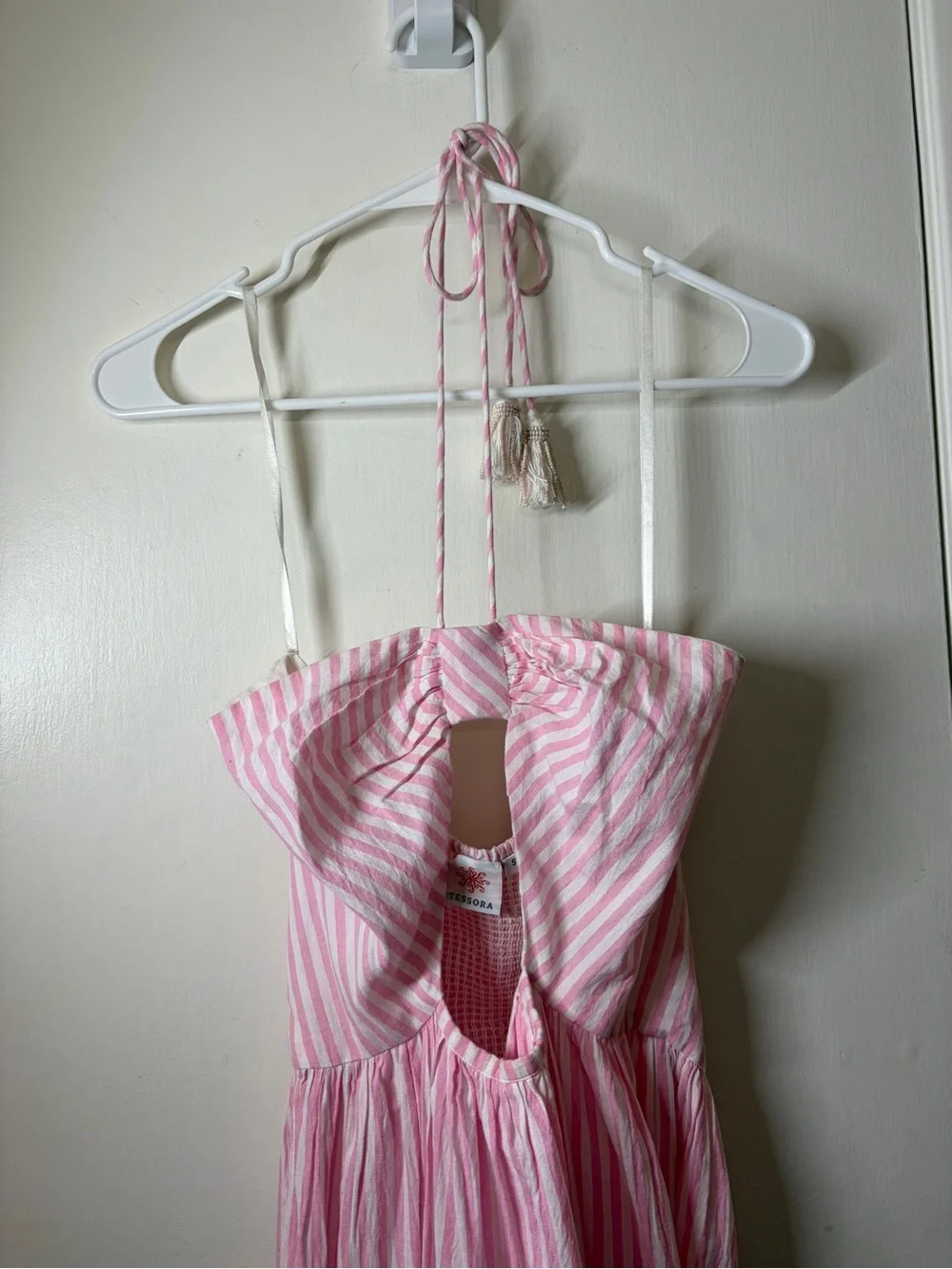 Tessora 100% Cotton Pink White Striped Preppy Cut Out Halter Maxi Dress Small - Picture 3 of 16